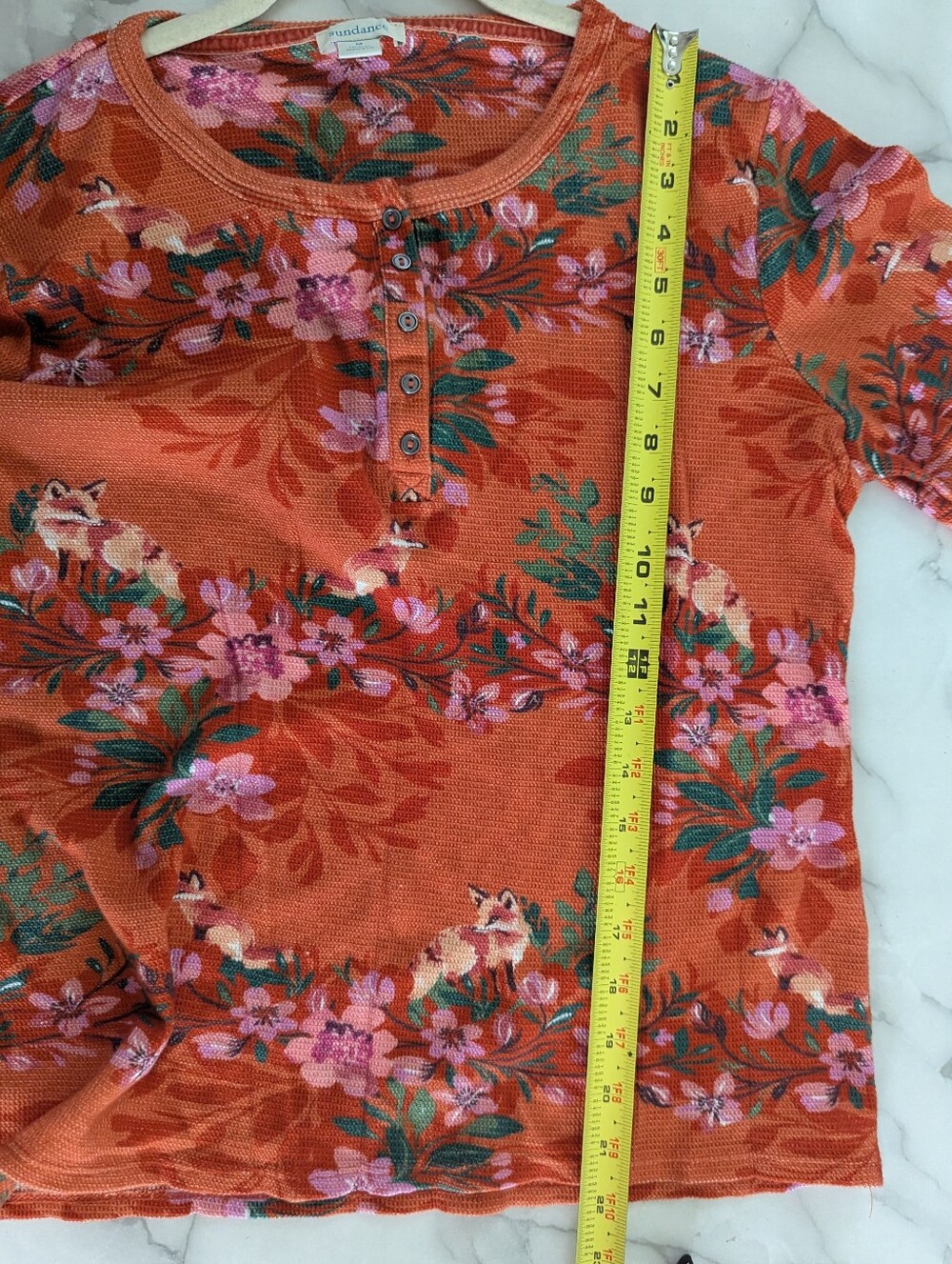 Sundance Mountain Foxes Waffle Knit Henley Long Sleeve Top Floral Orange Medium - Picture 8 of 8